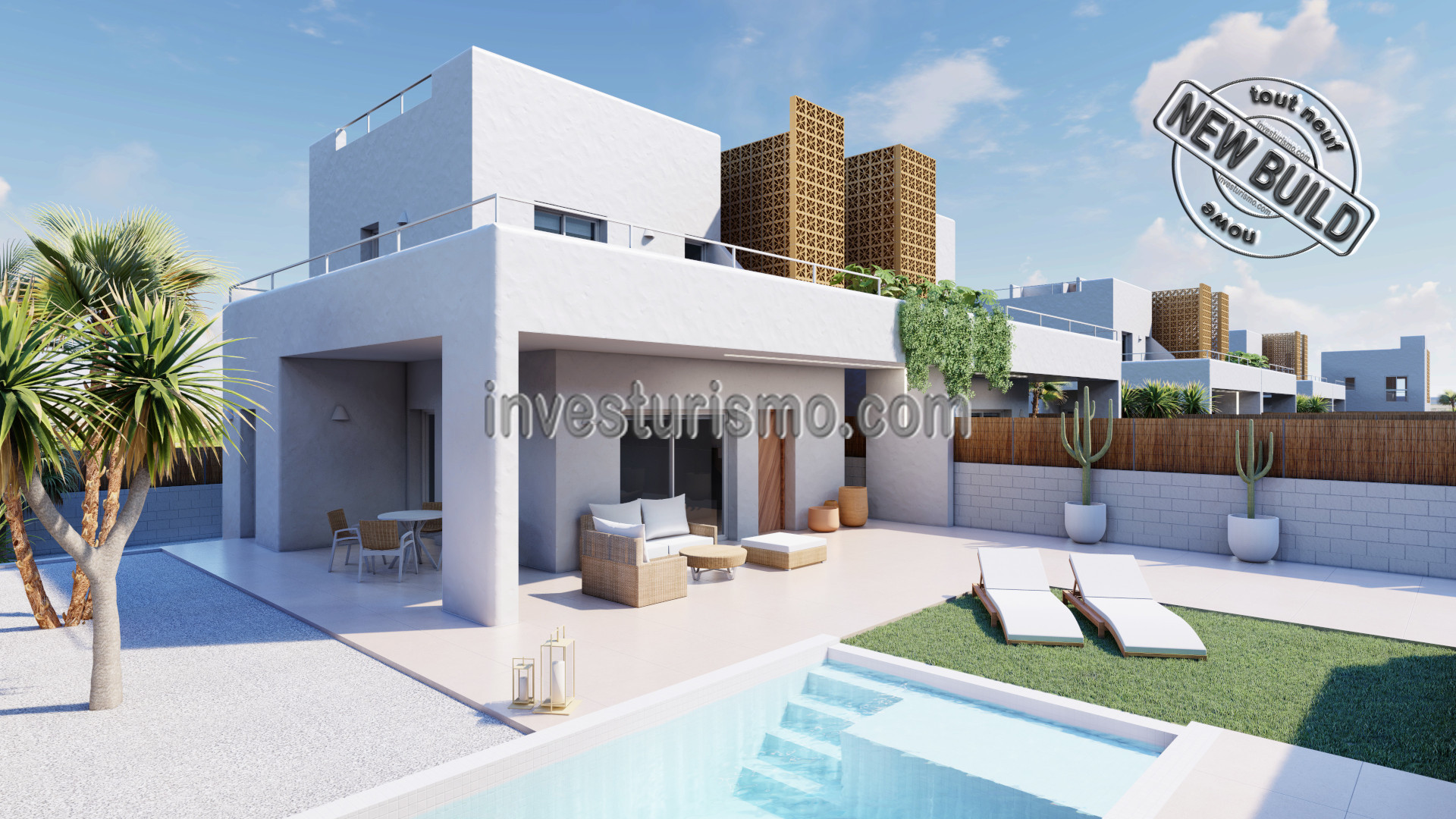 Villas 3 bedrooms, 3 bathrooms , a large open plan living room with kitchen all distributed on two floors.